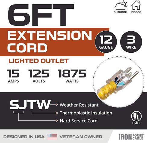 IRON FORGE CABLE 25 ft Lighted Outdoor Extension Cord - 12/3 SJTW Heavy Duty Yellow Extension Cable Extension Cable with 3 Prong Grounded Plug for Safety, 15AMP -Great for Garden and Major Appliances in Kuwait