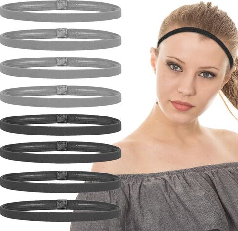 8Pcs Thin Sports Elastic Headbands, Black SkinnyHair Bands with Non-Slip Silicone Grip for Men Women Long Hair, Athletic Headbands for Yoga Basketball Football Tennis in Saudi Arabia
