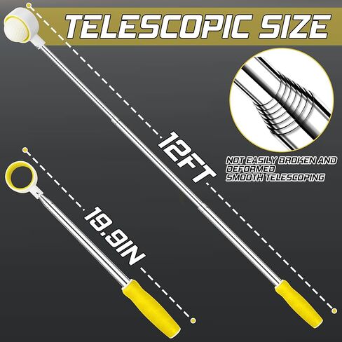 prowithlin Golf Ball Retriever, 12ft Unbreakable Head Golf Ball Retriever Telescopic, Rubber Loop - Two-Sided Easy Pick Up Balls Premium Stainless Steel Ball Retriever Tool Accessories in Kuwait