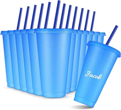 Amyhill 12 pcs أكواب بريق قابلة لإعادة الاستخدام مع أغطية وقش 24 أوقية عيد الحب البلاستيك بلاستيل كوب القهوة المثلجة سفر لعصير عصير عيد ميلاد لوازم الحفلات للفتيات (الوردي الساخن) in Kuwait