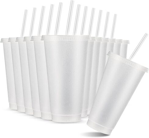 Amyhill 12 pcs أكواب بريق قابلة لإعادة الاستخدام مع أغطية وقش 24 أوقية عيد الحب البلاستيك بلاستيل كوب القهوة المثلجة سفر لعصير عصير عيد ميلاد لوازم الحفلات للفتيات (الوردي الساخن) in Kuwait