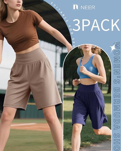 شورتات برمودا للسيدات 3 حزمة ، وعالية الخصر القطن تمتد القيعان غير الرسمية للركبة طول الصيف الرياضي مع جيوب in Kuwait