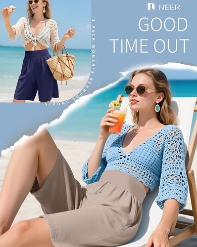 شورتات برمودا للسيدات 3 حزمة ، وعالية الخصر القطن تمتد القيعان غير الرسمية للركبة طول الصيف الرياضي مع جيوب in Kuwait