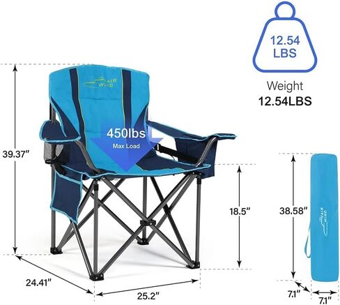 FAIR WIND Oversized Padded Camping Chair with Footrest Stool Set Heavy Duty Support 300 LBS Cooler Bag Chair - Black in Kuwait