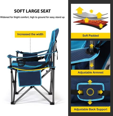 FAIR WIND Oversized Padded Camping Chair with Footrest Stool Set Heavy Duty Support 300 LBS Cooler Bag Chair - Black in Kuwait