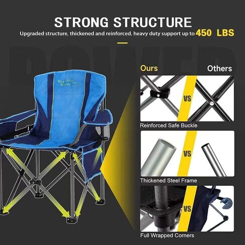 FAIR WIND Oversized Padded Camping Chair with Footrest Stool Set Heavy Duty Support 300 LBS Cooler Bag Chair - Black in Kuwait