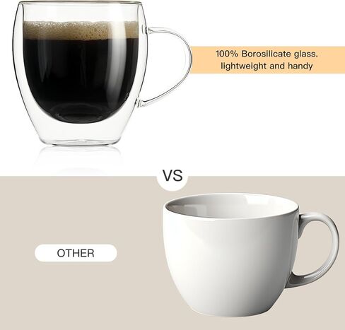 2 Pack Double Walled Glass Coffee Mugs with Handles, Large Insulated Layer Coffee Cups, 12oz Clear Borosilicate Mugs, Perfect for Cappuccino, Tea, Microwave Safe in Kuwait