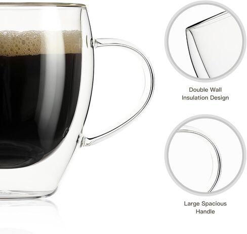 2 Pack Double Walled Glass Coffee Mugs with Handles, Large Insulated Layer Coffee Cups, 12oz Clear Borosilicate Mugs, Perfect for Cappuccino, Tea, Microwave Safe in Kuwait