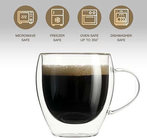 2 Pack Double Walled Glass Coffee Mugs with Handles, Large Insulated Layer Coffee Cups, 12oz Clear Borosilicate Mugs, Perfect for Cappuccino, Tea, Microwave Safe in Kuwait