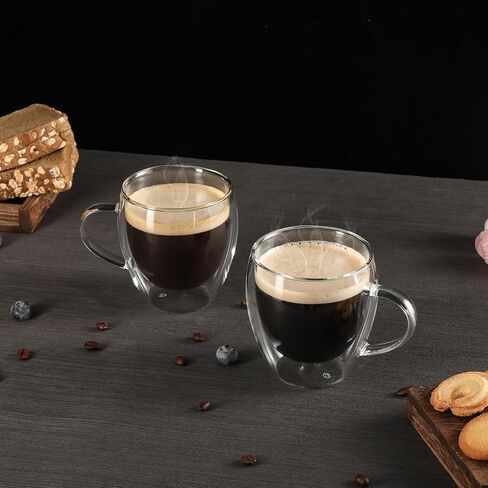 2 Pack Double Walled Glass Coffee Mugs with Handles, Large Insulated Layer Coffee Cups, 12oz Clear Borosilicate Mugs, Perfect for Cappuccino, Tea, Microwave Safe in Kuwait