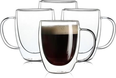 2 Pack Double Walled Glass Coffee Mugs with Handles, Large Insulated Layer Coffee Cups, 12oz Clear Borosilicate Mugs, Perfect for Cappuccino, Tea, Microwave Safe in Kuwait