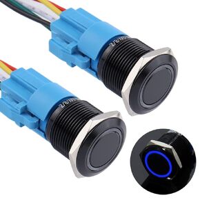2PCS 22MM Latching Push Button Switch Ring Led 12V-24V Self Locking 1NO 1NC Waterproof ON/Off Black Metal Button with Wire Socket Plug for 7/8’’ Mounting Hole (IP66,Green Light)