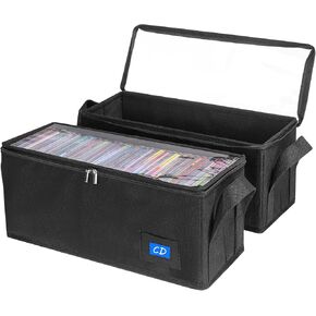 CD Case Holder with Handles and Clear Lid, 4-Pack Black – CD Storage Box with Label Slots, Portable Organizer for Media Collection and Efficient Storage
