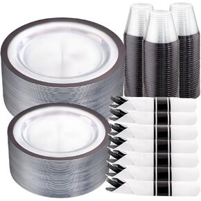 I00000 350 Pcs Clear and Red Plastic Plates,Valentines Disposable Dinnerware Set, Include 50 Dinner Plates 10.25'', 50 Dessert Plates 7.5'',50 Red Rim Cups,50 Per Rolled Napkins with Plastic Cutlery