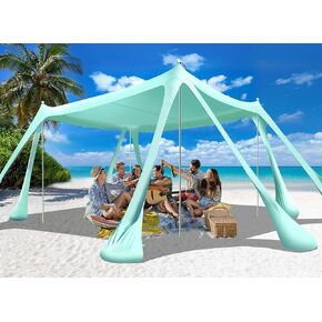 Beach Tent Sun Shelter Beach Canopy Tent Sun Shade Pop Up 10x10 UPF50+ with 8 Sandbags-2 Sand Shovel-Portable 4 Aluminum Poles-Ground Pegs-Easy Setup for Outdoor Family Camping Fishing Picnic in Kuwait