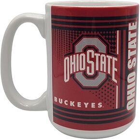 Boelter Brands Licensed NCAA Coffee Cup, 360 Degree Wrap Design, Featuring College Logo and Mascot Hero, Sublimated Mug, White 15oz (Ohio State Buckeyes)