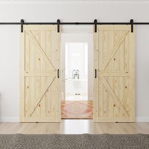 SMARTSTANDARD 30x84 inch Double Barn Door with 10ft Sliding Barn Door Hardware Kit Included, Unfinished Solid Spruce Wood, A Simple Assembly is Required, DIY Support