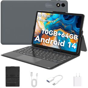 10.1 Inch Tablet, Android 14 Tablets, Octa Core, Tablet PC with Keyboard, Mouse, Case, 10GB RAM 64GB ROM 1TB Expand, Fast Charging, WiFi, BT5.0, FM, GPS, GMS Certified (Black with Keyboard)