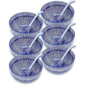 Set of 6 Ceramic Cereal Bowls with 6 Spoons, 24 Oz Japanese Bowl Perfect for Soup, Cereal, Oatmeal, Fruit, Rice - Dishwasher & Microwave Safe - 6 Inch