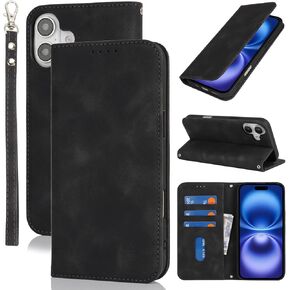 for iPhone 16 Wallet Case for Women,for iPhone 16 Case with Card Holder and Wrist Strap,Leather Shockproof Magnetic Kickstand Flip Phone Case-Cyan