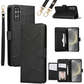 Wallet Case for Samsung Galaxy S24 FE 5G with Wrist Strap Crossbody Strap Card Holder Stand Flip PU Leather, 7+ Card Slots RFID Blocking Phone Cover for S 24 EF S24FE 24S Women Girls Pink