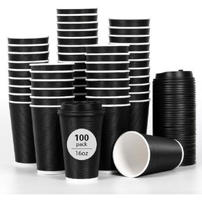 DAILYLIFE 16oz Insulated Black Disposable Coffee Paper Cups with Lids- 100 Pack, Takeaway for All Hot Drinks, Leak Proof Design, Ideal for Chocolate, Lemonade, Tea, Milk