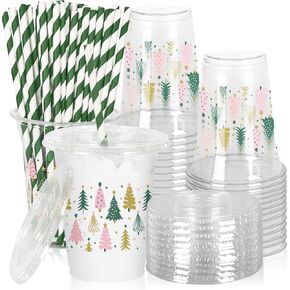 50Pcs Valentine's Day Plastic Cups with Lids and Straws Red Pink Heart Clear Plastic Cups 12oz Love Heart Disposable Cups for Valentine's Day Wedding Party Supplies