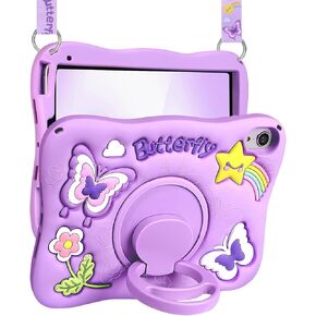 for iPad 9th/8th/7th Generation Case 10.2 Inch - for Girls Cute Kawaii Girly 3D Purple Butterfly Design Cover with Rotating Stand & Strap Unique Silicone Women Teens for iPad 9th/8th/7th Case