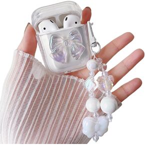 MINSCOSE Compatible with AirPods 4 Clear Case,Cute 3D Crystal Bowknot Pattern Design with Bling Heart Beads Keychain,Soft TPU Protective Shockproof Case for Women Girl for Airpods 4