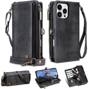 Compatible with iPhone 16 Pro Max Wallet Case,RFID Blocking PU Leather Phone Case Women Men Kickstand flip Cover Wrist Strap Zipper Credit Card Holder Slots for Apple iPhone 16 Pro Max(Black)