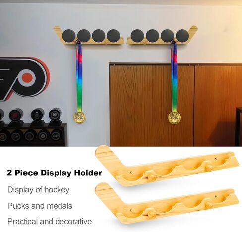 2 حزمة لعبة الهوكي عروض الصولجان لعرض 4 كرات الصولجان - حامل حائط خشبي مع خطاف - Hockey Puck Holder Room Room Decor in Kuwait