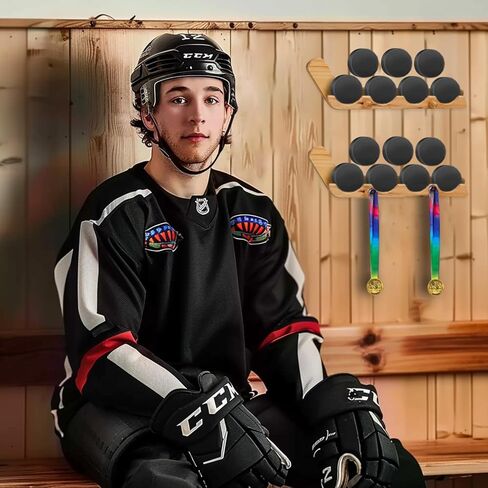 2 حزمة لعبة الهوكي عروض الصولجان لعرض 4 كرات الصولجان - حامل حائط خشبي مع خطاف - Hockey Puck Holder Room Room Decor in Kuwait