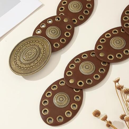 INOGIH Womens Wide Western Cowboy Disc Belt Vintage Cowgirl Concho Leather Belts Boho Style for Jeans Dress Skirt in Saudi Arabia