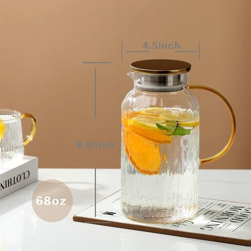 68 oz/2 Liter Glass Pitcher with Lid, Modern Vertical Stripes Iced Tea Pitcher, Glass Water Pitcher for Cold Brew Coffee,Hot Water, Milk in Saudi Arabia