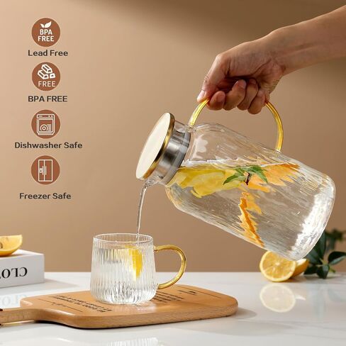 68 oz/2 Liter Glass Pitcher with Lid, Modern Vertical Stripes Iced Tea Pitcher, Glass Water Pitcher for Cold Brew Coffee,Hot Water, Milk in Saudi Arabia