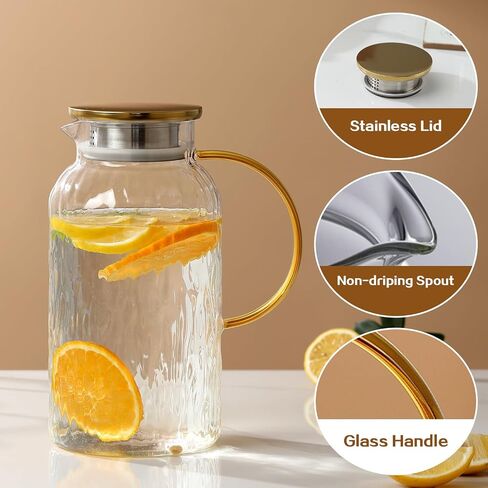 68 oz/2 Liter Glass Pitcher with Lid, Modern Vertical Stripes Iced Tea Pitcher, Glass Water Pitcher for Cold Brew Coffee,Hot Water, Milk in Saudi Arabia