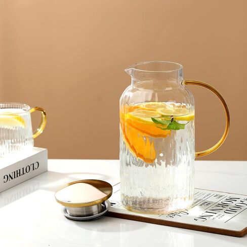 68 oz/2 Liter Glass Pitcher with Lid, Modern Vertical Stripes Iced Tea Pitcher, Glass Water Pitcher for Cold Brew Coffee,Hot Water, Milk in Saudi Arabia