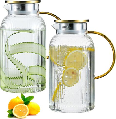 68 oz/2 Liter Glass Pitcher with Lid, Modern Vertical Stripes Iced Tea Pitcher, Glass Water Pitcher for Cold Brew Coffee,Hot Water, Milk in Saudi Arabia