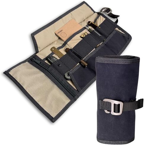 الفن والمنظم الإلكتروني | حقيبة أدوات Roll-rol edc لمحبي القلم والتكنولوجيا | متعدد الجيبات مع حلقات مرنة للأقلام والكابلات ومحركات الأقراص الصلبة الخارجية | قماش مشمع أنيق وخطافات ألومنيوم متينة in Kuwait