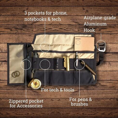 الفن والمنظم الإلكتروني | حقيبة أدوات Roll-rol edc لمحبي القلم والتكنولوجيا | متعدد الجيبات مع حلقات مرنة للأقلام والكابلات ومحركات الأقراص الصلبة الخارجية | قماش مشمع أنيق وخطافات ألومنيوم متينة in Kuwait