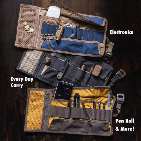 الفن والمنظم الإلكتروني | حقيبة أدوات Roll-rol edc لمحبي القلم والتكنولوجيا | متعدد الجيبات مع حلقات مرنة للأقلام والكابلات ومحركات الأقراص الصلبة الخارجية | قماش مشمع أنيق وخطافات ألومنيوم متينة in Kuwait