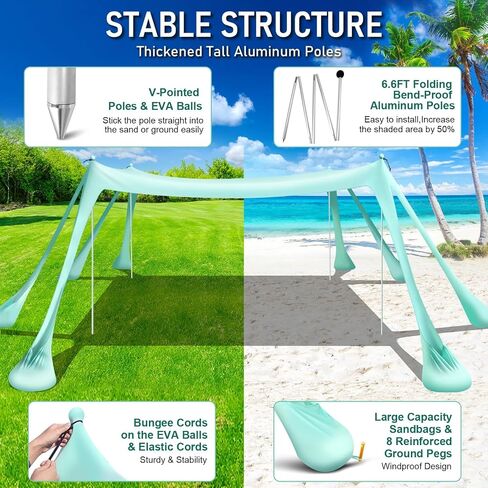Beach Tent Sun Shelter Beach Canopy Tent Sun Shade Pop Up 10x10 UPF50+ with 8 Sandbags-2 Sand Shovel-Portable 4 Aluminum Poles-Ground Pegs-Easy Setup for Outdoor Family Camping Fishing Picnic in Kuwait