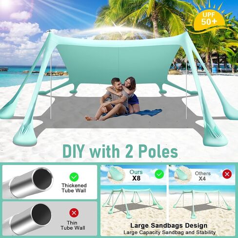 Beach Tent Sun Shelter Beach Canopy Tent Sun Shade Pop Up 10x10 UPF50+ with 8 Sandbags-2 Sand Shovel-Portable 4 Aluminum Poles-Ground Pegs-Easy Setup for Outdoor Family Camping Fishing Picnic in Kuwait