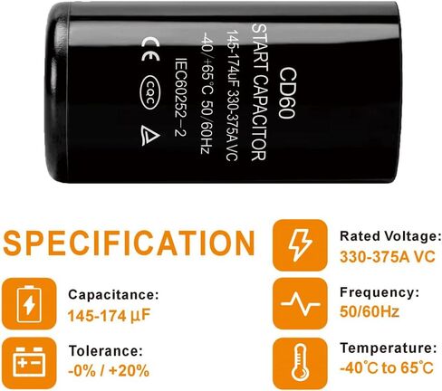216-260 uf/MFD CD60 Round Start Capacitor ±20% 50/60 Hz 330-375 VAC Round Motor Well Pump Start Capacitor (216-260 uf/MFD, 1) in Saudi Arabia