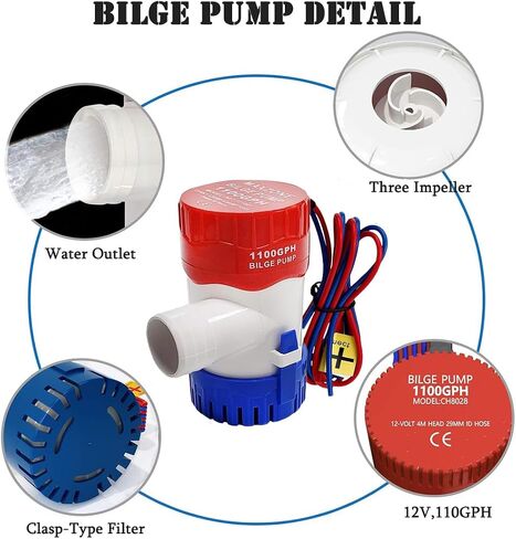 1-1/8 Inch Dia Outlet Bilge Pump, Automatic Submersible Bilge Water Pump for Boats, 12v 1100GPH Built-in Auto Float Switch in Saudi Arabia