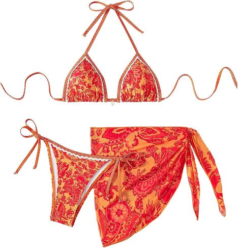 SHENHE Women's 3 Piece Bathing Suit Floral Halter Tie Back Thong Bikini Set with Sarong Cover Ups in Saudi Arabia