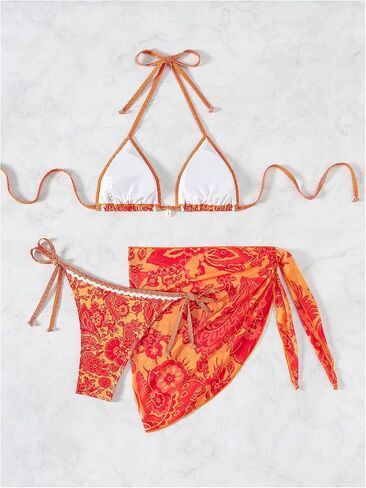 SHENHE Women's 3 Piece Bathing Suit Floral Halter Tie Back Thong Bikini Set with Sarong Cover Ups in Saudi Arabia