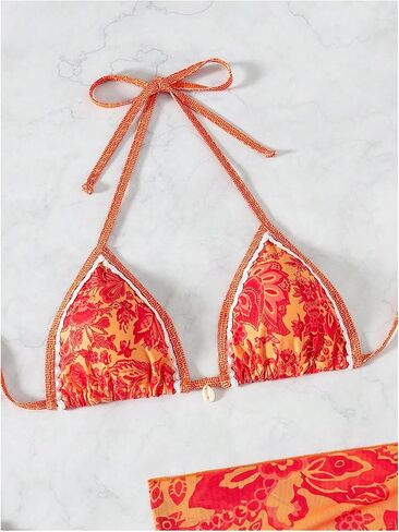 SHENHE Women's 3 Piece Bathing Suit Floral Halter Tie Back Thong Bikini Set with Sarong Cover Ups in Saudi Arabia