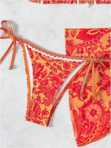 SHENHE Women's 3 Piece Bathing Suit Floral Halter Tie Back Thong Bikini Set with Sarong Cover Ups in Saudi Arabia