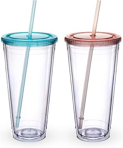 Zukro Clear Acrylic Tumbler with Straw and Lid 32 oz, Double Walled Insulated Reusable Plastic Iced Coffee Cup, To Go Cup Perfect for Parties, Birthdays, Fit in Cup Holder, BPA Free, Clear, 2 Pack in Saudi Arabia